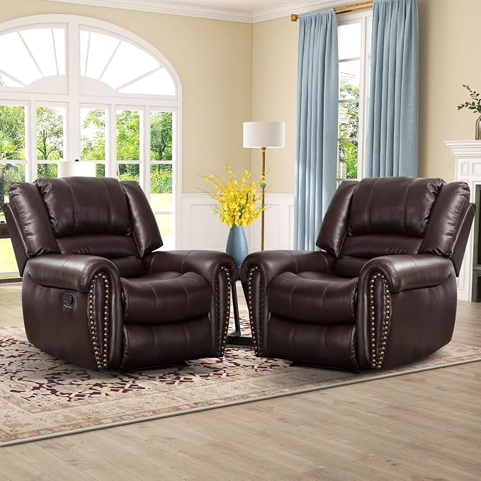 Leather Recliner Chair Set of 2, Classic and Traditional Manual Recliner Chair with Comfortable Arms and Back,Manual Single Recliner Sofa for Living Room, Brown