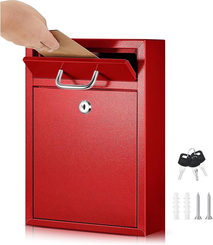 Yaocom Locking Mailbox with Key for Outdoor 12.2 x 8.5 x 3 Inches Large Wall Mount Mail Box with Lock Security Mail Drop Metal Collection Boxes Hanging Secure Postbox(Red)