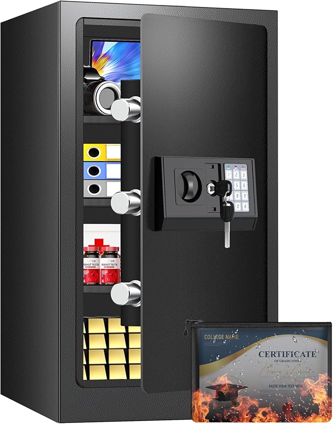 [27.56''] Tall Safe Box, Home Safe with Fireproof Waterproof Bag, 6.2 Cuft Anti-Theft Digital Security Lock Box with Smart Alert System, Removable Shelf, Mute Function, Document Safes for Jewelry