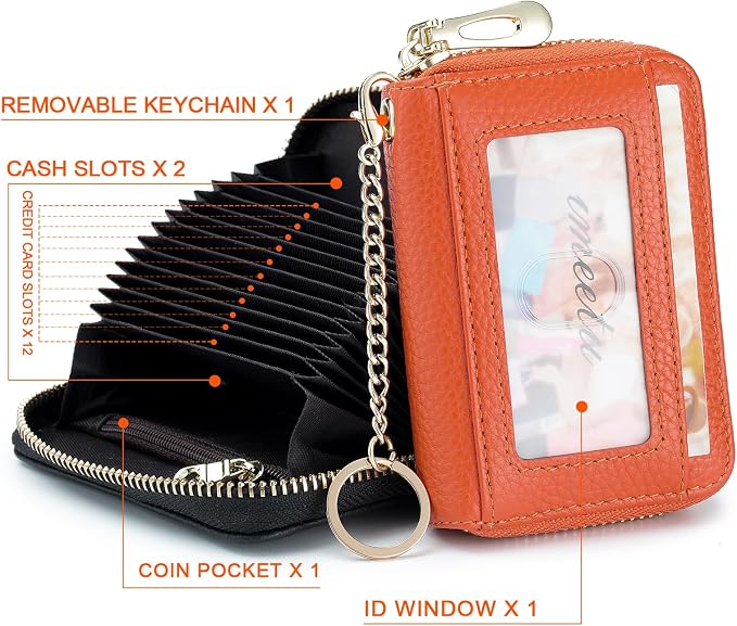 imeetu RFID Credit Card Holder, Small Card Wallet Women, Leather Card Case | Genuine Leather Women's Card & id Cases, Change Coin Purse with Zipper Keychain id Window, 20 Colors & 3 Styles, Daily, Gifts