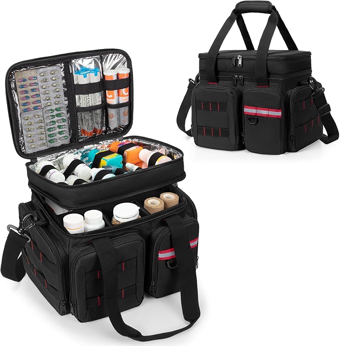 Marscamd Medicine Organizer Bag with Insulated Pocket, Black (Bag Only) | Pill Bottle Storage Bag with 4 Customized Dividers & Shoulder Strap for Medication, Insulin and First Aid Supplies
