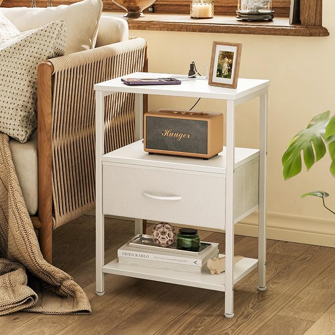 SUPERJARE Nightstand with Charging Station, Bed Side Table with Adjustable Fabric Drawer, Night Stand for Bedroom, 3-Tier Storage End Table, for Living Room, White | Night Stand for Bedroom, with Adjustable Fabric Drawer, 3-Tier Storage End Table, for ...