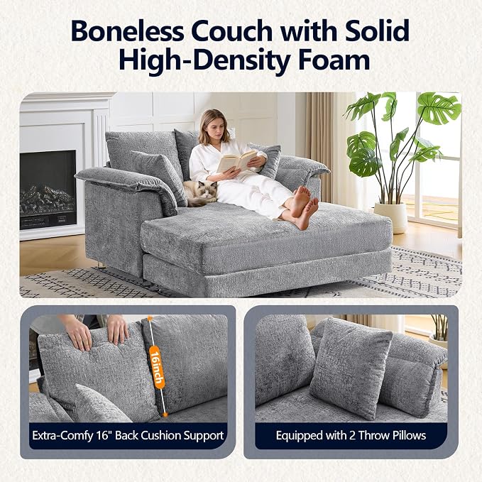 VINGLI Modern Floating Chaise Lounge Chair with Acrylic Legs, Upholstered Cushion Deep Seat Lounge Sofa with Iron-Wood KD Frame, Pillow Armrest, Accent Chair for Living Room, Play Room Apartment