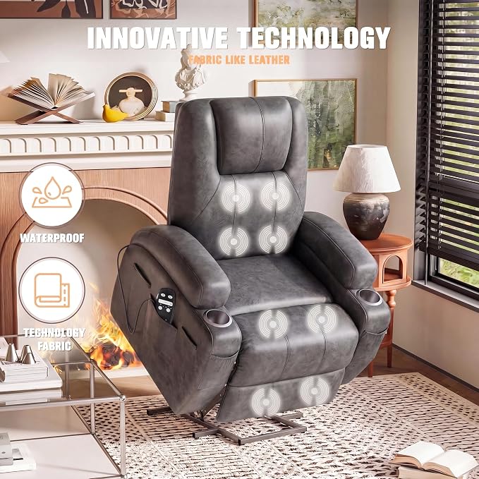 Flamaker Power Lift Recliner Chair Electric Lift Recliner for Elderly | Power Lift Recliner Chair with Cup Holders Side Pockets for Living Room (Leathaire, Light Gray)