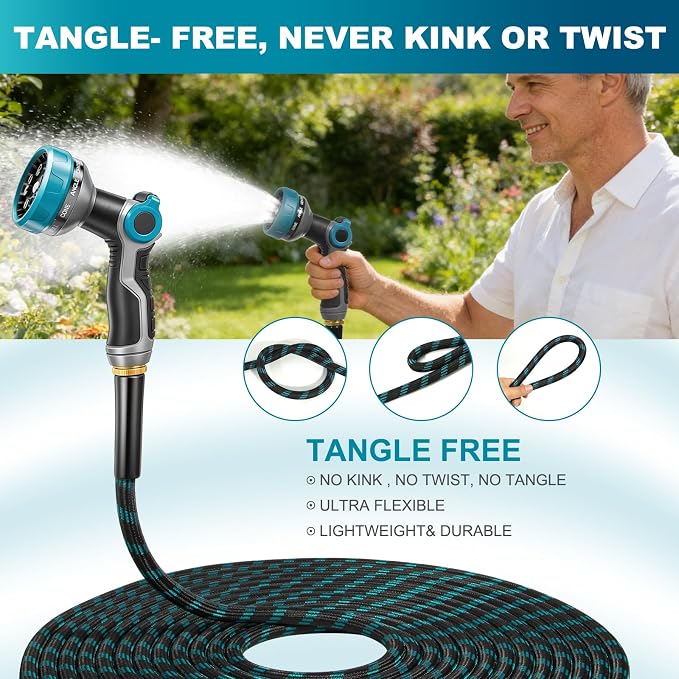 Garden Hose 50FT Non-Expandable Ultra Lightweight Water Hose & Super Flexible Hose with 10-Pattern Hose Nozzle High-Strength Special Cloth Cover with 3/4" Brass fitting for Lawn, Yard, Car Washing