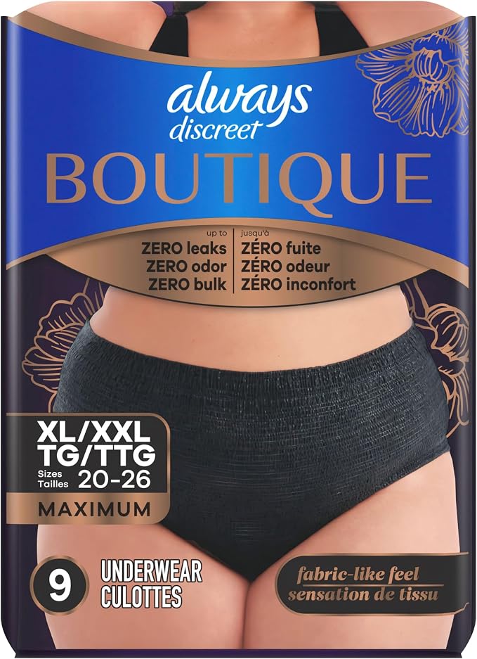 Always Discreet Boutique Incontinence and Postpartum Underwear for Women, Maximum Protection, Extra Large, Black, 9 Count