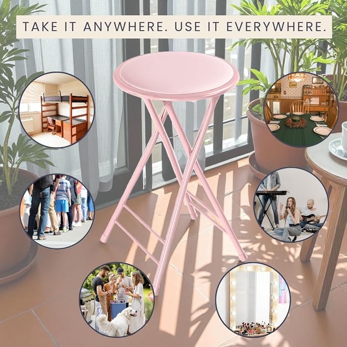Lavish Home Folding Stool with Padded Backless Seat Set of 2, Pink, 24” | Counter Height Bar Stools with 225lb Capacity, Portable Indoor & Outdoor, Extra Seat for Kitchen, Rec Room or Camping