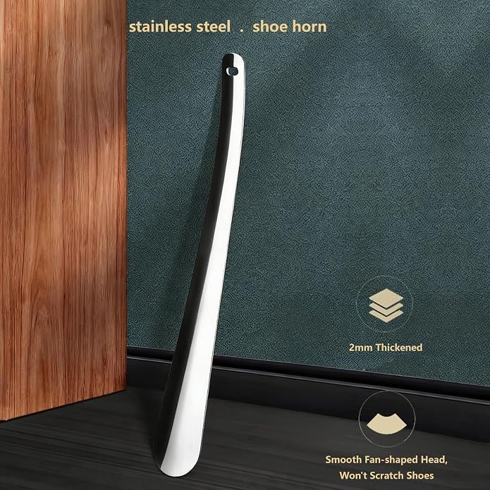 Metal Shoe Horn, Stainless Steel Shoe Spoon for Shoes | Stainless steel, smooth rounded edges, hanging hole, curved handle, lightweight design for sneakers, boots, closets, travel
