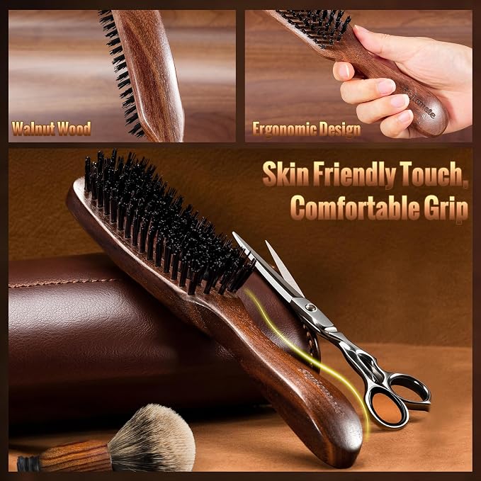 STYLEMATE Hair Brush for Men, Mens Nylon Stiff Bristles Hard Firm Hair Brush for Thick Hair, Slick Back Natural Black Walnut Wooden Handle for Smoothing, Detangling, Styling