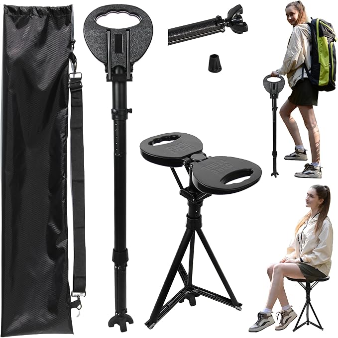 Adjustable Cane with Seat Folding Lightweight, Portable Cane Chair for Adults & Seniors, Walking Stick with Seat for Travel Hiking, with Cushion Carry Bag