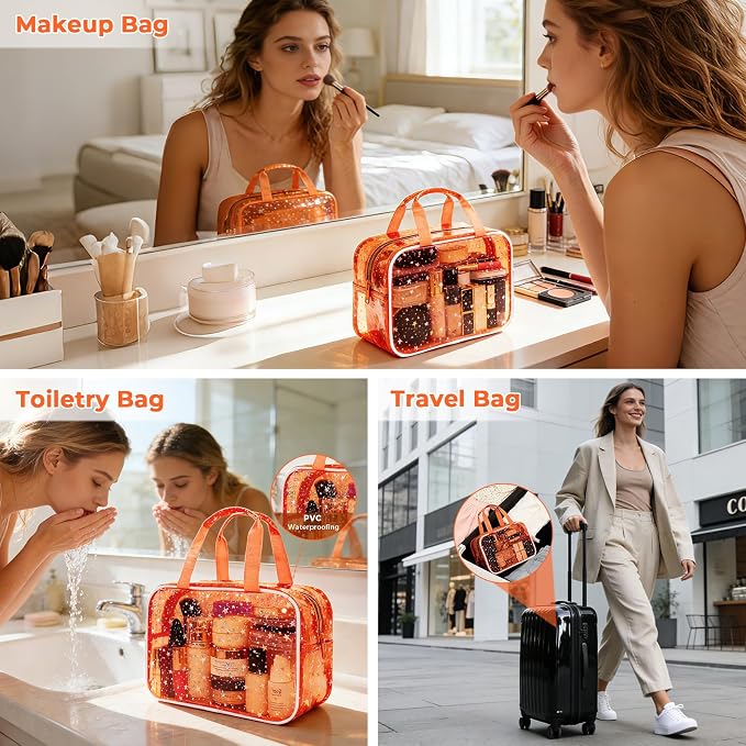 Clear Orange Star Large Makeup Bag with Star Pattern 12x5x8 inch, Travel Cosmetic Bag with Handle, Durable PVC Material Washbag Zipper Opening Design for Makeup Travel Organizer or Gym Use