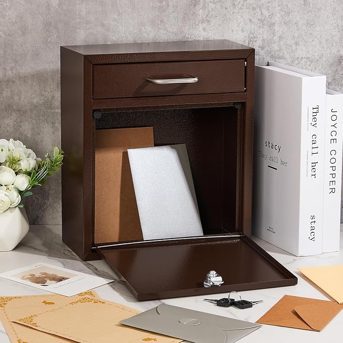 Yaocom Locking Mailbox with Key for Outdoor 12 x 10.5 x 4.7 Inches Large Wall Mount Mail Box with Lock Security Mail Drop Metal Collection Boxes Hanging Secure Postbox(Brown)