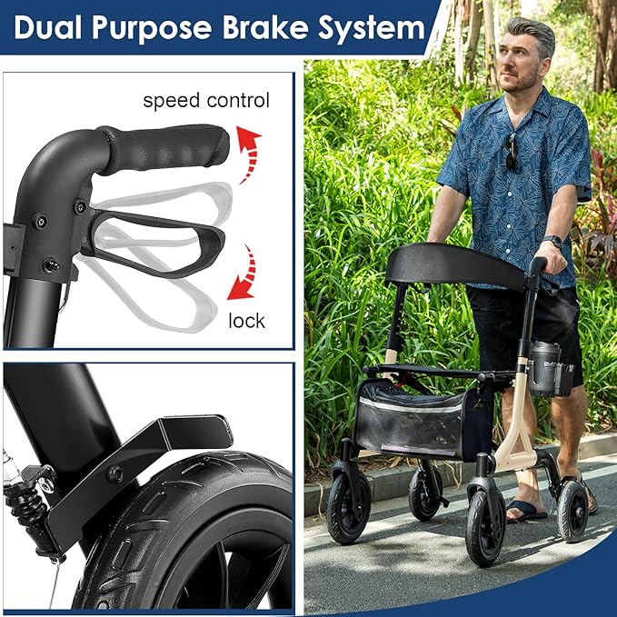 Walkers for Seniors, Rollator Walker with Seat, 10" Rubber Wheels All Terrain Rollator Walker with Backrest, Aluminum Walkers Built-in Cable, Foldable and Adjustable Height for Seniors, Beige