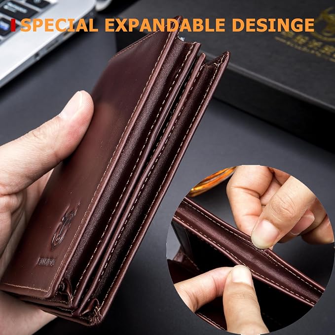 BULLCAPTAIN Large Capacity Genuine Leather Wallet for Men QB-027 | Bifold Wallet,RFID Blocking,Credit Card Holder,15 Card Slots,Special Expandable Design,gift choice