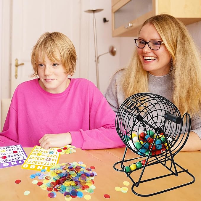 Yuanhe Deluxe Bingo Game Set - Includes 8" Metal Rotar Cage with Big Storage Bag,1000 Colorful Chips,100 Bingo Cards,75 Colored Balls and Masterboard, Great for Large Groups