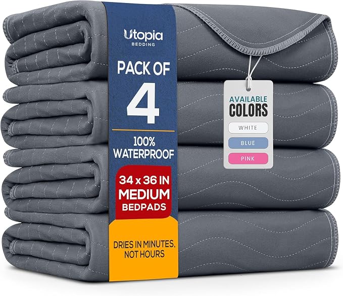 Utopia Bedding Washable Underpads 34" x 36" (Pack of 4), Waterproof Reusable Heavy Absorbency Incontinence Bed Pads for Adults, Kids, Elderly and Pets, Bedwetting Pads for Sofa and Couch (Grey)