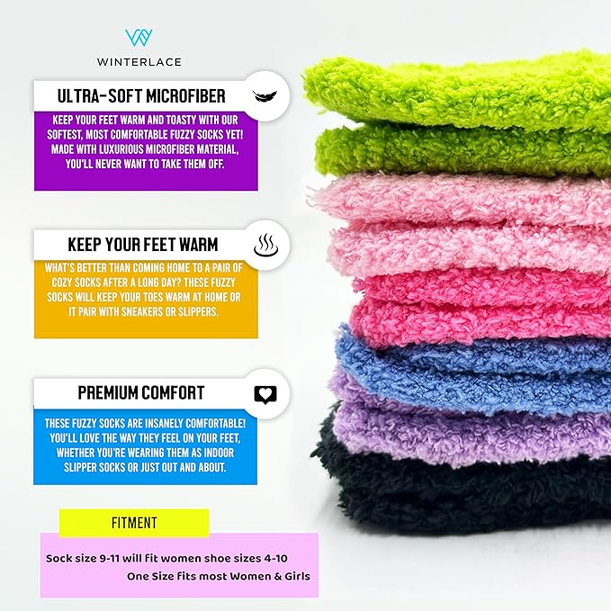 12 Pairs Fuzzy Socks for Women, Soft Fluffy Cozy Thick Warm Winter Holiday Stocking Stuffer Bulk Pack