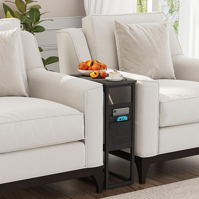 TUTOTAK C Shaped End Table, Side Table for Couch, Sofa Table | with Storage Bag, TV Tray for Living Room, Bedroom, Black TB01BK082