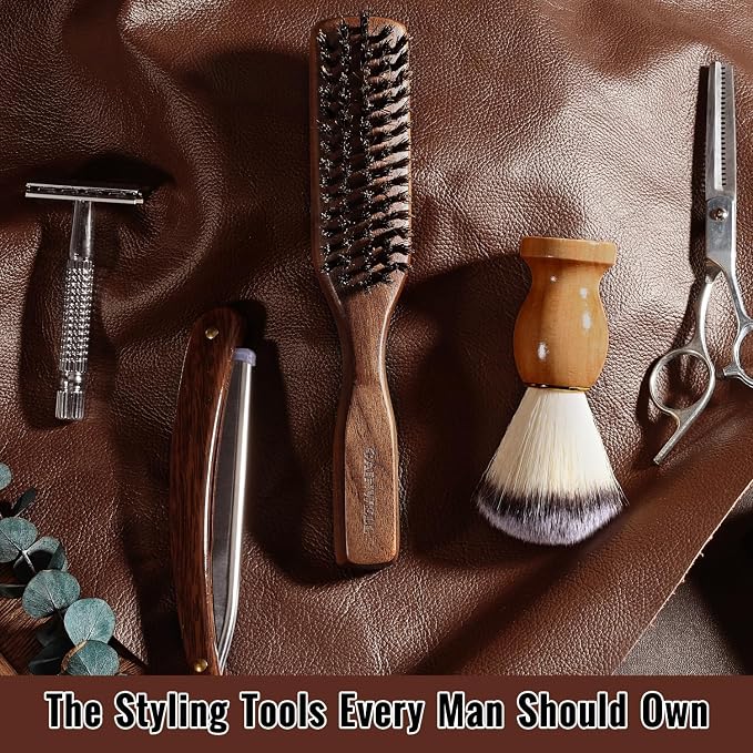 GAINWELL Mens Wild Boar Bristle Hair Brush for Men, Slick Back Hair Brush with Stiff Bristles for Thick & Thin Hair, Beard Brush Natural Black Walnut Wooden Handle Hairbrush