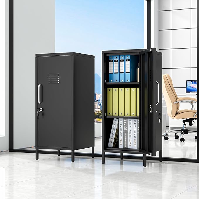 pozdeg 35.43" Metal Storage Locker with Lockable, Metal Steel Locker for Employees with 1 Door ＆ 2 Adjustable Shelves, Small Locker Storage Cabinets for Home, School, Office, Gym (Black)