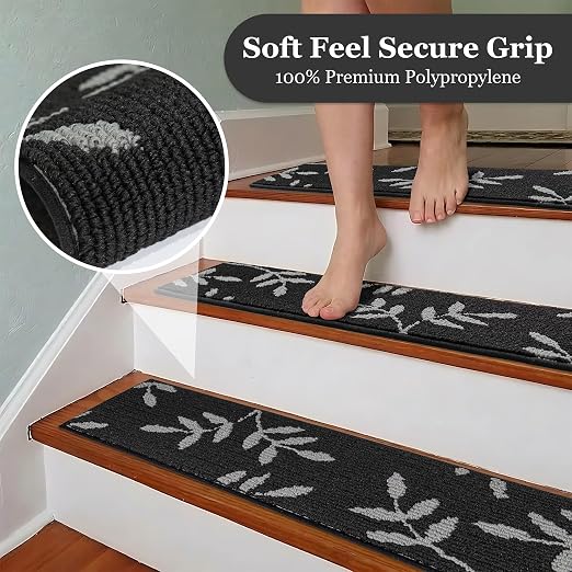 Carpet Stair Treads, Non-Slip Stair Treads for Wooden Steps Indoor | Stair Runner for Pets, Non Skid Staircase Step Treads Washable Reusable, Stair Protectors 30" x8" Set of 15, Black