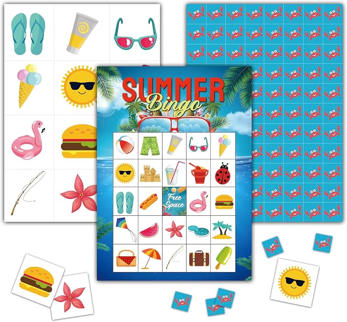 Summer Bingo Games - Hawaiian Luau Bingo Card - 24 Players Beach Bingo Game Set for Adult Family Friends - School Classroom Outdoor Activities - Tropical Summer Party Favors Supplies -C05