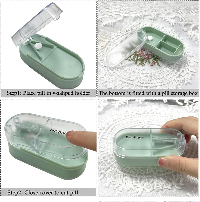 2 Pack Pill Cutter for Small or Large Pills, Portable Pill Splitter 2-in-1 Pill Case with Stainless Steel Blade, Cuts Pills, Vitamins, Tablets