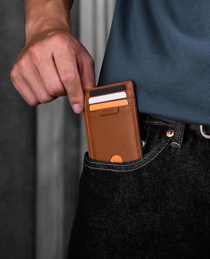 Buffway Slim Wallet for Men Women Minimalist Small Leather Front Pocket Wallets with RFID Blocking and Gifts Box - Bassa Brown