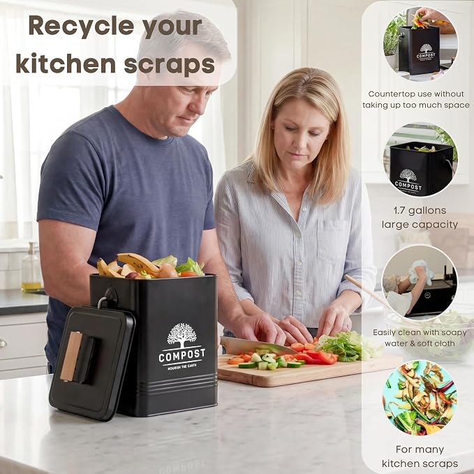PERFNIQUE Kitchen Compost Bin, 1.7 Gallon Countertop Compost Bin with Lid, Indoor Compost Bin Includes 2 Carbon Filters, Small Compost Bucket, Food Waste Bin for Kitchen with Trash Bags (Matte Black)