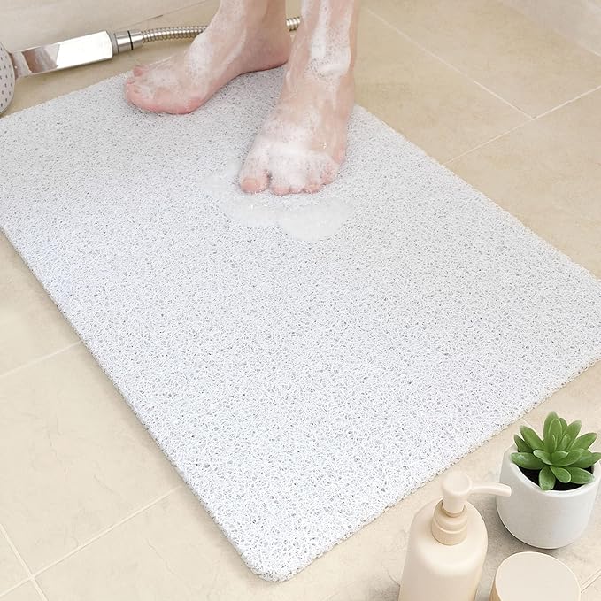 Bathtub Mat Non Slip, 24x16 Inch Shower Mats for Inside Shower, PVC Loofah Bathroom Mat Quick Dry with Drain Hole, Phthalate-Free Bath Mats for Shower Bathroom Tub and Wet Areas (White)