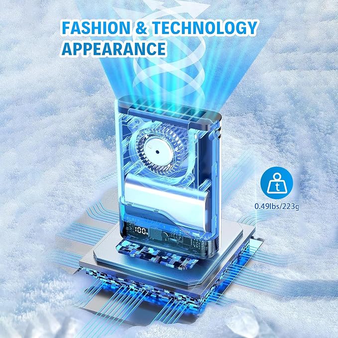 Portable Waist Fan, USB C Powerful Rechargeable Handheld Operation Cooling Shirt Fan LED Display Personal Clip On Wearable Neck Straps Fans with Lanyard Outdoor Working Sports Camping Travel