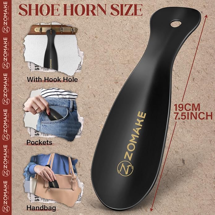 ZOMAKE Metal Shoe Horn, Small Travel Shoehorn for Men Women Kids 7.5''&3.9" | 3 Pack Stainless Steel Portable Shoe Spoon Helper, Compact Travel Size, Built-In Hang Hole, Smooth Rounded Curve, Shoe Care