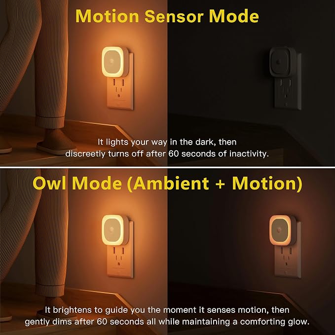 2 Pack Night Lights Plug into Wall, Motion Sensor Nightlight, Amber | 3 Modes, Dimmable Reflected Glow, Dusk to Dawn Sensor, Plug in LED Lights for Kids, Bedroom, Sleep, Bathroom, Nursery, Kids
