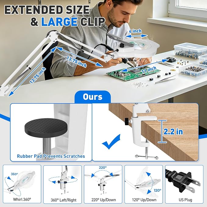 KIRKAS 12X 30X LED Magnifying Lamp with Clamp, 2,200 Lumens Dimmable Bright | 28in Adjust Swivel Arm Magnifying Glass with Light for Repair Reading Craft Needlework Workbench Magnifier Dust Cover White