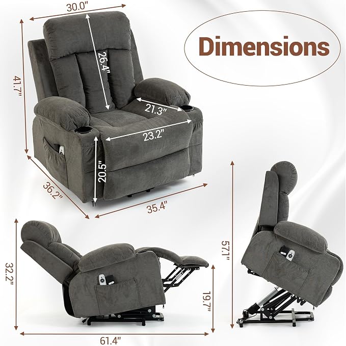 Power Lift Recliner Chair for Elderly, Electric Lift Chair with Vibration Massage and Lumbar Heat, Reclining Chair with USB Charging Port, Cup Holders, Ergonomic Sofa for Living Room, Grey