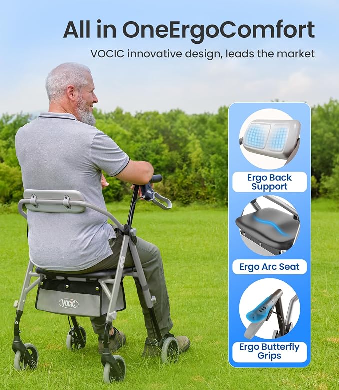 VOCIC Z12 Walker for Seniors with Seat, 13.4 LBS Ultra Light, 350 LBS | Ergo Seat & Backrest for Comfort, Height Adjustable & Easily Foldable for Seniors, All Terrain Wheels, Silver