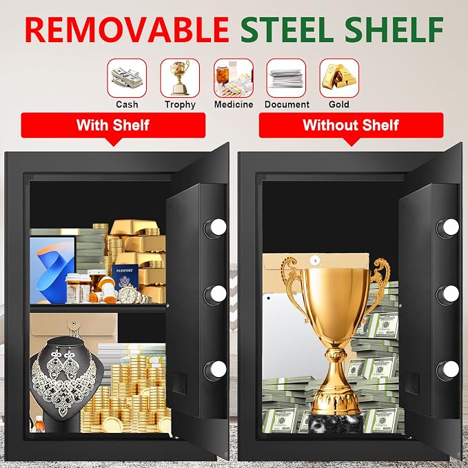 3.4 Cuft Large Home Safes Water and Fireproof with Digital Keypad & Key Lock, Security Safes for Home with DIY Removable Shelf, Anti-Pry Safe Box for Money Documents Jewelry, 19.69"H x13.78"W x 12.2"D