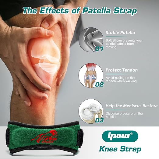 IPOW Embroidery Patellar Tendon Support Strap 2 Pack, Knee Pain Relief & Patella Stabilizer Knee Strap, knee Support for Women and Men, Knee Braces for Running, Working Out, Weightlifting,Green