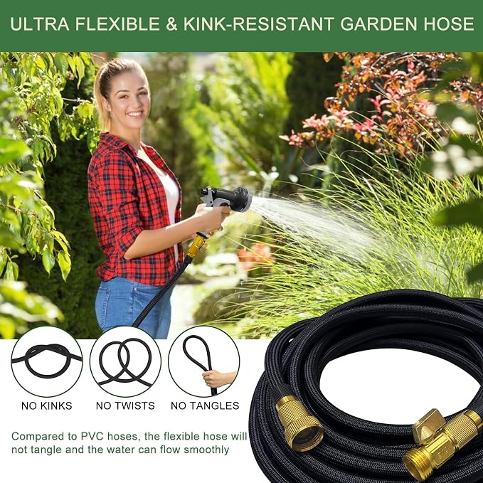 Garden Hose 75 ft, Non-Expandable Flexible Water Hose with 10 Function Spray Nozzle, Lightweight, Leak Proof, Kink-Free, Portable Hose for Outdoor, Yard, Lawn, High-Density Fabric, Black Grey