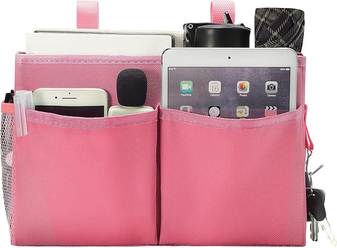 Bunk Bed Organizer, Bedside Caddy Hanging Storage Bag, Pink | 4 Pockets and 2 Hooks, For Dorm, Hospital, Baby Bed Rails, 600D Oxford Cloth