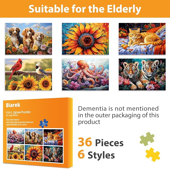 6 Packs Large Piece Puzzle for Seniors- 36 Pieces Dementia Puzzles for Elderly Adults, Alzheimer’s Puzzles Memory Cognitive Games Easy Jigsaw Puzzles for Elderly Seniors with 6 Storage Bags