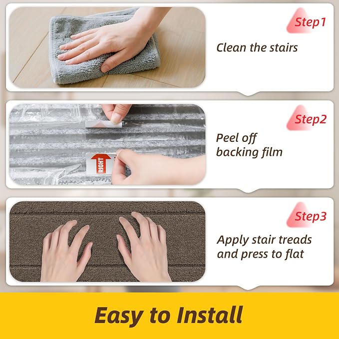 JSEI Stair Treads for Wooden Steps Indoor, 4-Pack, 30" x 8", Light Brown | Non Slip Stair Treads, Washable Polyester Stair Mats with TPE Backing, Low Profile Stair Rugs for Kids, Seniors and Dogs