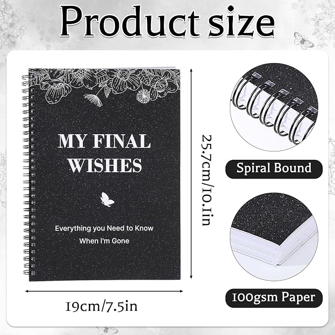 Thboxes My Final Wishes Planner, End of Life Estate Organiser Book, Black | Spiral Bound Notebook, 7.4 x 10.1 In, Possessions And Affairs Pages, When I Am Gone Notes, for Adults, Seniors, Families