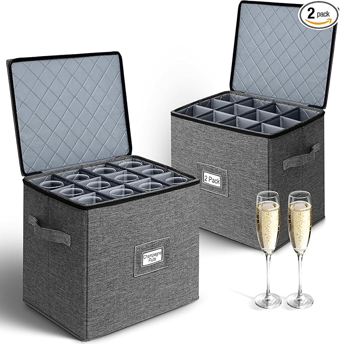 Cirhy Champagne Glass Storage Box, Hard-Shell Protection with Dividers, Stackable Glassware Organizer for Moving & Storage, Fits Flutes, Stemware & Wine Glasses, 2 Pack, Grey