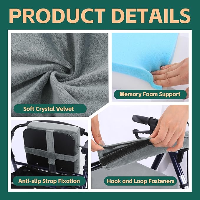 BALAPET Non-Slip Rollator Walker Seat Cushion and Backrest Cover Set for Elderly,Thickened 3in Supportive Memory Foam Walker Seat Cushion, Walker Seat Accessories for Seniors(Gray)