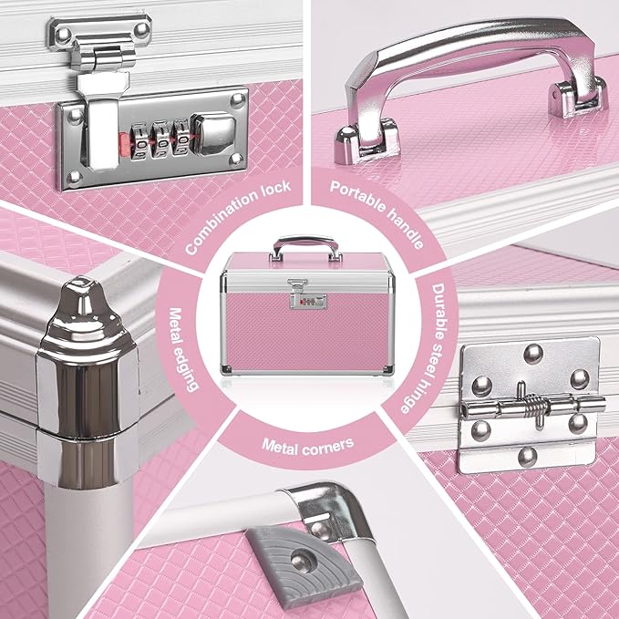 Medicine Lock Box with Combination Lock - 10 x 6 x 6.7 Inches - First Aid Safe Medication Storage Box, Personal Items Safe Case for Home and Outdoor - Pink 【No Strap】
