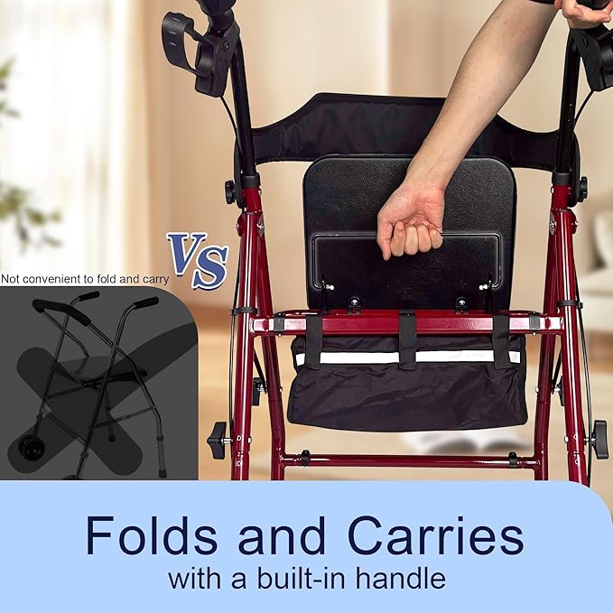 Foldable Rollator Walker with Seat for Seniors, All-Terrain Wheels, 350lb Capacity, Reinforced Inner Metal Rod for Easy Folding & One-Hand Carry, Lightweight Rolling Walker - Red
