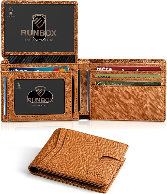 RUNBOX Wallet for Men -Slim Rfid Leather Mens Bifold Novelty Wallets 2 ID Window With Gift Box Men's Accessories | Minimalist Front Pocket Design, Holds 15 Cards, Large Capacity with Cash Pocket,Compact and Thin, Birthday Gifts for Men
