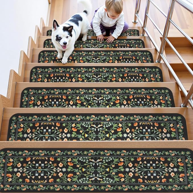 OJIA Floral Stair Treads Non-Slip Stair Runner for Wooden Steps Indoor 15PC | 30"x8" Carpet Stair Treads Stair Mats Staircase Step Treads for Kids, Elders and Dogs, Stair Covers, Black