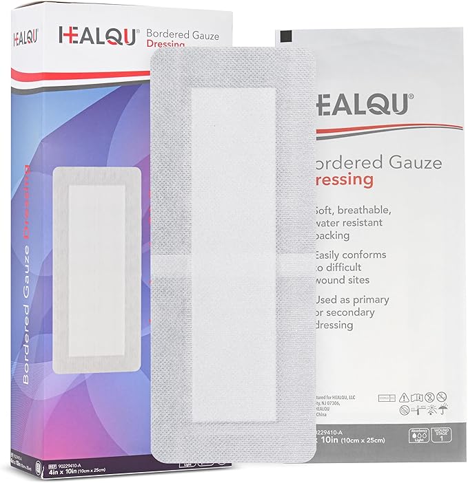 HEALQU Bordered Gauze Island Dressing - Sterile Individually Wrapped Gauze Pads with Water-Resistant, Non-Woven Backing (4"x10" - 2"x7.5" Pad (30 Pack)